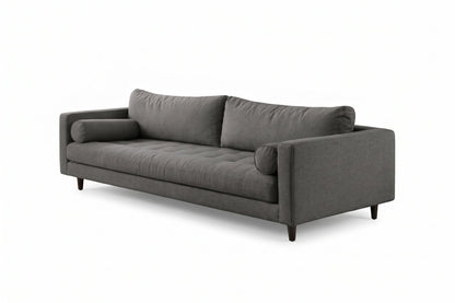 Sofá Bambú con botoné en el asiento y almohadones cilíndricos, en pana antimanchas color onyx, imagen ilustrativa - Tienda de Banquitos