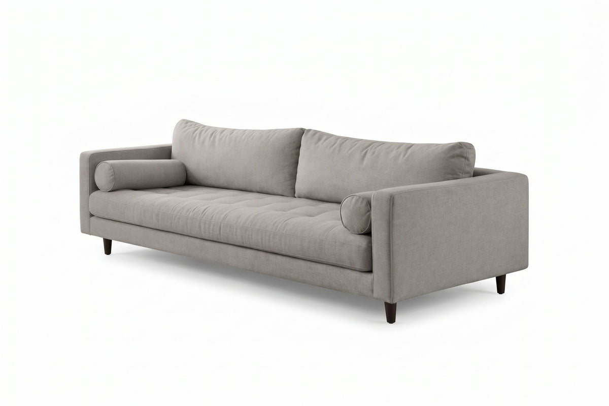 Sofá Bambú con botoné en el asiento y almohadones cilíndricos, en pana antimanchas color plata, imagen ilustrativa - Tienda de Banquitos
