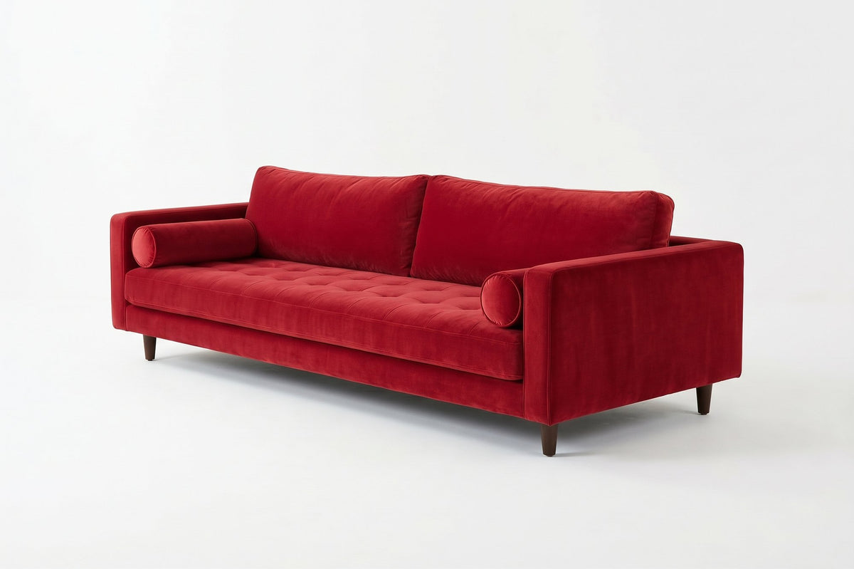 Sofá Bambú con botoné en el asiento y almohadones cilíndricos, en pana antimanchas color rojo, imagen ilustrativa - Tienda de Banquitos