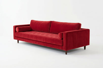 Sofá Bambú con botoné en el asiento y almohadones cilíndricos, en pana antimanchas color rojo, imagen ilustrativa - Tienda de Banquitos