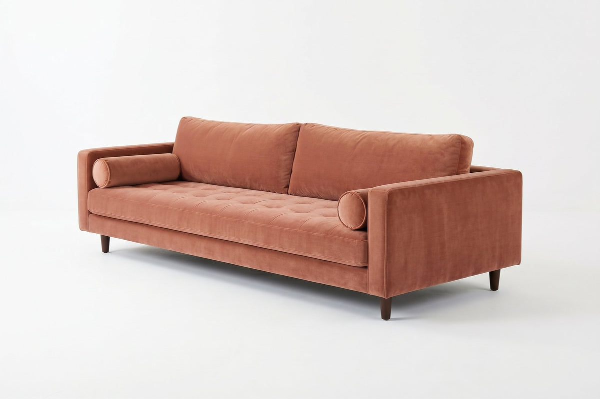 Sofá Bambú con botoné en el asiento y almohadones cilíndricos, en pana antimanchas color rosa, imagen ilustrativa - Tienda de Banquitos