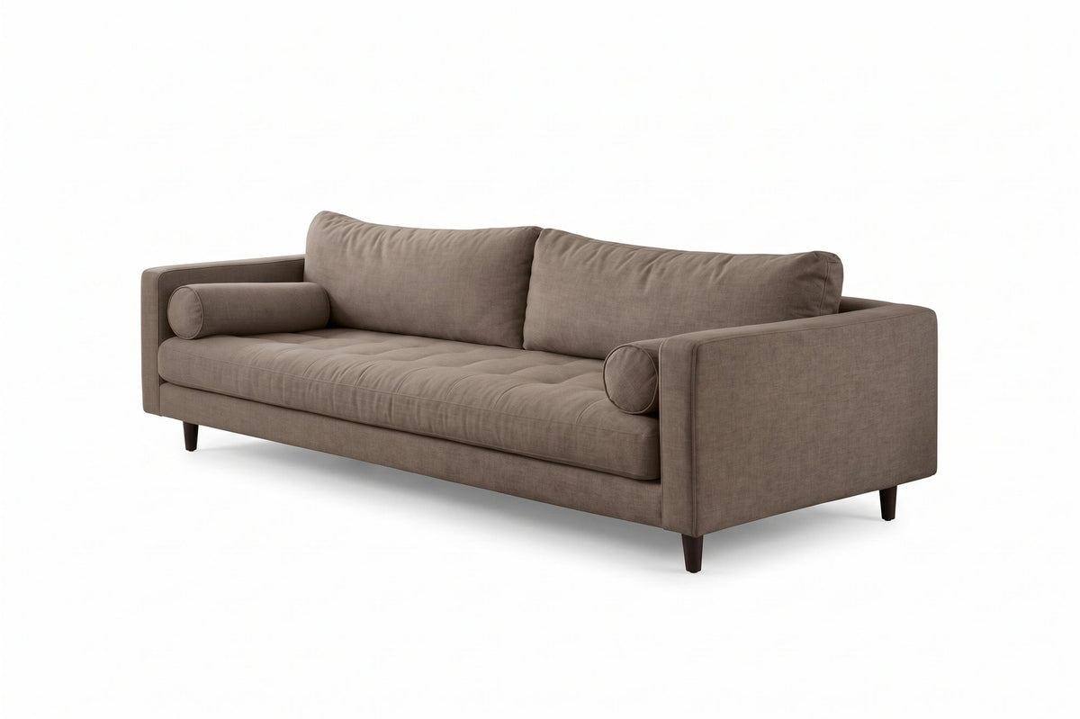 Sofá Bambú con botoné en el asiento y almohadones cilíndricos, en pana antimanchas color stone, imagen ilustrativa - Tienda de Banquitos
