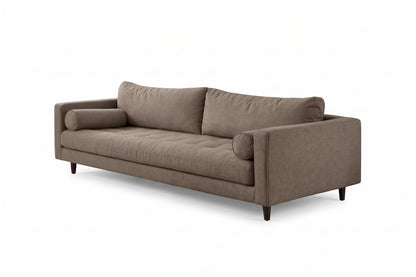 Sofá Bambú con botoné en el asiento y almohadones cilíndricos, en pana antimanchas color stone, imagen ilustrativa - Tienda de Banquitos