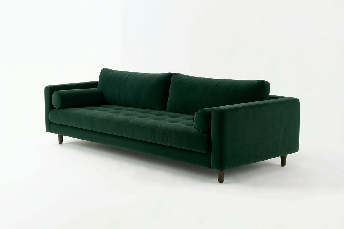 Sofá Bambú con botoné en el asiento y almohadones cilíndricos, en pana antimanchas color verde inglés, imagen ilustrativa - Tienda de Banquitos