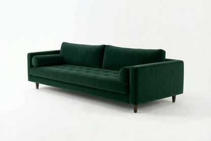 Sofá Bambú con botoné en el asiento y almohadones cilíndricos, en pana antimanchas color verde inglés, imagen ilustrativa - Tienda de Banquitos