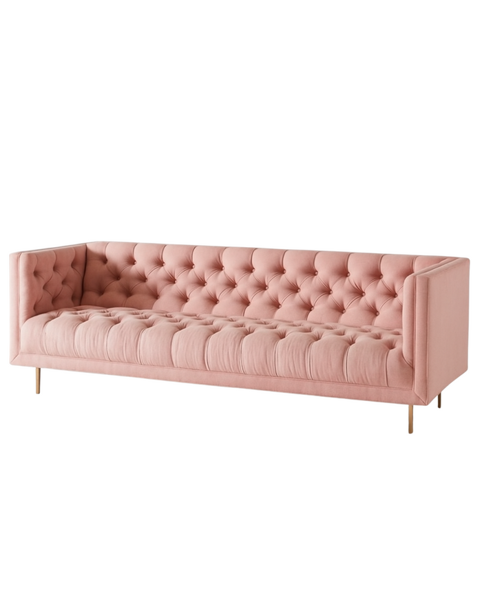 Sofá Bella Donna Capitoné tapizado en velvet rosa, con patas de metal doradas - Tienda de Banquitos