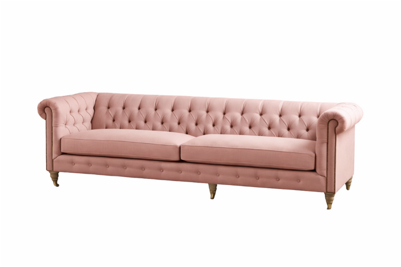 Sofá Chesterfield de 2 o 3 cuerpos color rosa palo, con capitoné artesanal y patas de madera - Tienda de Banquitos