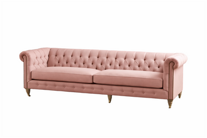 Sofá Chesterfield de 2 o 3 cuerpos color rosa palo, con capitoné artesanal y patas de madera - Tienda de Banquitos