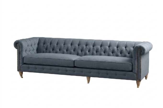 Sofá Chesterfield de 2 o 3 cuerpos gris azulado, con capitoné artesanal y brazos enrollados - Tienda de Banquitos