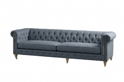 Sofá Chesterfield de 2 o 3 cuerpos gris azulado, con capitoné artesanal y brazos enrollados - Tienda de Banquitos