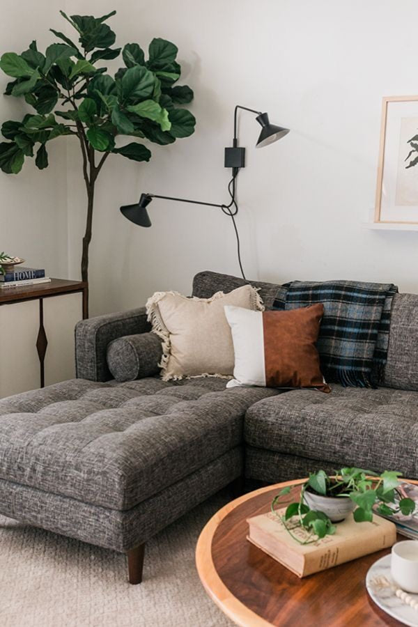 Sofá Chesterfield Capitoné gris en living con ficus benjamín y mesa de madera redonda | Tienda de Banquitos Argentina