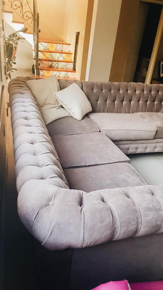 Sofá Chesterfield U gris escalera forja arabesca living Argentina - Tienda de Banquitos