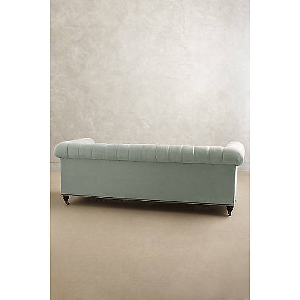 Sofá Chesterfield de 2 o 3 cuerpos color verde apagado, vista trasera - Tienda de Banquitos