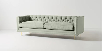 Sofá Dior 2 o 3 cuerpos tapizado en velvet verde salvia con capitoné clásico y patas de metal doradas - Tienda de Banquitos