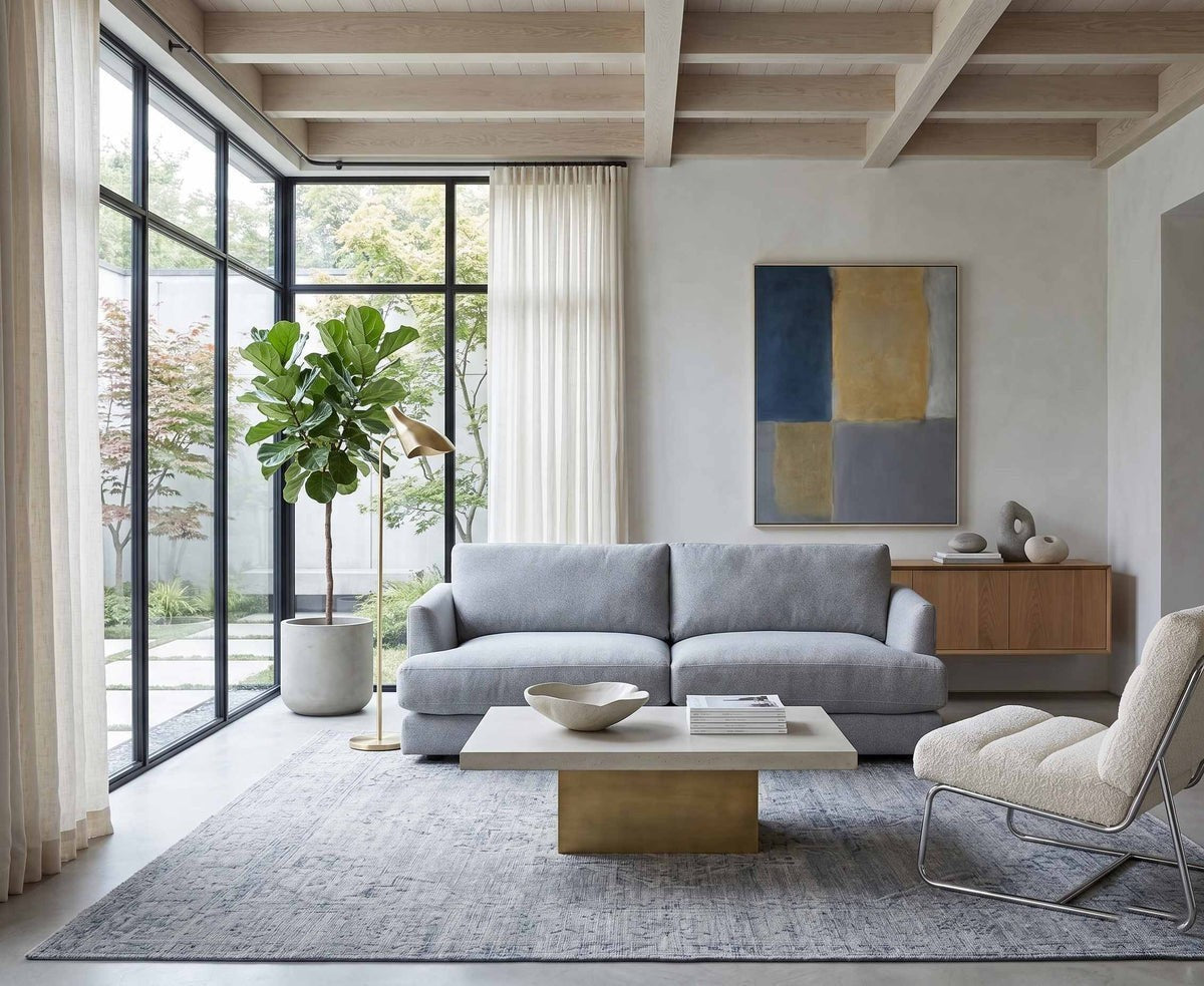 Sofá Elton tapizado en pana gris claro, ambientado en living moderno luminoso - Tienda de Banquitos