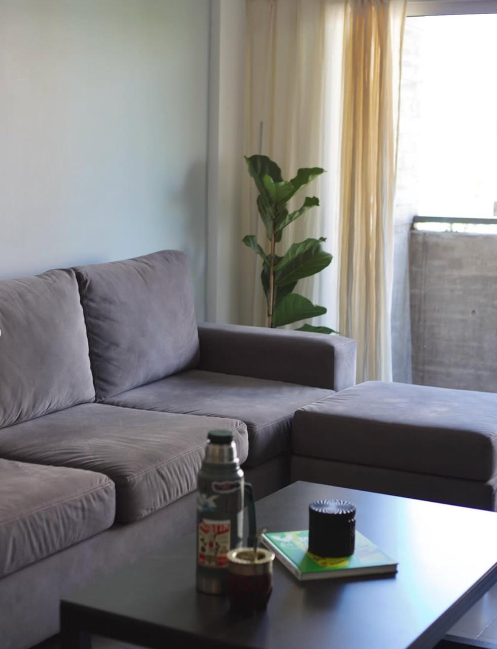 Detalle del Sofá Elton gris de almohadones sueltos y el puff al tono, junto a una planta y el ventanal del living de Simón