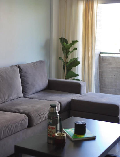 Detalle del Sofá Elton gris de almohadones sueltos y el puff al tono, junto a una planta y el ventanal del living de Simón
