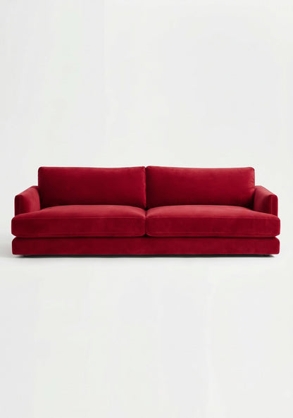 Sofá Elton de 3 cuerpos, bajo y de líneas rectas, en pana antimanchas color rojo, imagen ilustrativa - Tienda de Banquitos