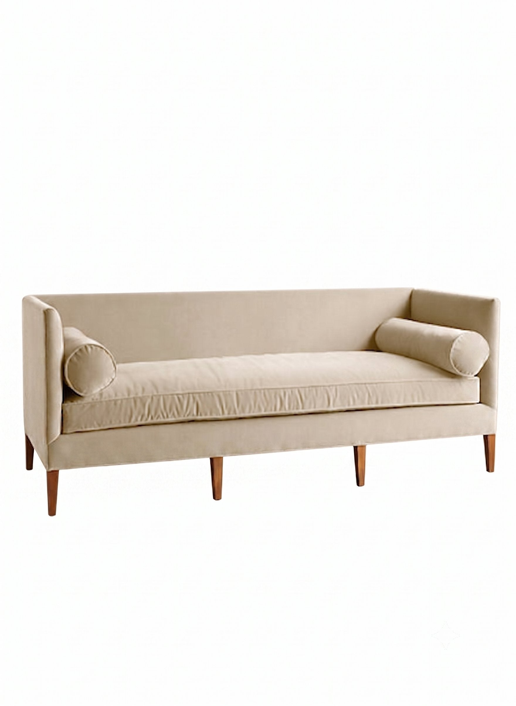 Sofá Escandinava Nórdico tapizado en color beige, apoyabrazos angosto ideal para espacios chicos - Tienda de Banquitos