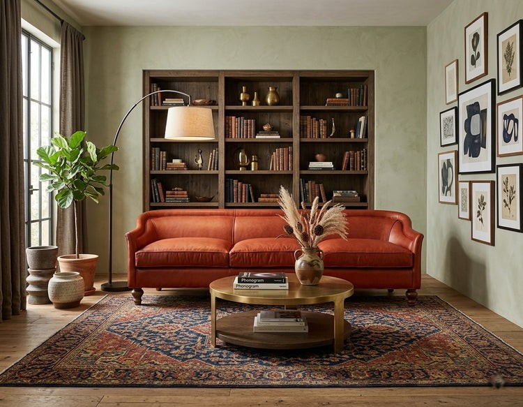 Grand Sofa de tres cuerpos en color terracota, en un living con biblioteca empotrada - Tienda de Banquitos