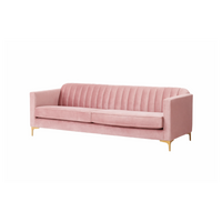 Render del sofá Mila de dos cuerpos en tapizado rosa palo, con respaldo acanalado vertical y patas de metal doradas - Tienda de Banquitos