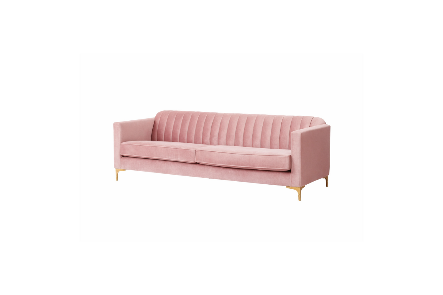 Render del sofá Mila de dos cuerpos en tapizado rosa palo, con respaldo acanalado vertical y patas de metal doradas - Tienda de Banquitos
