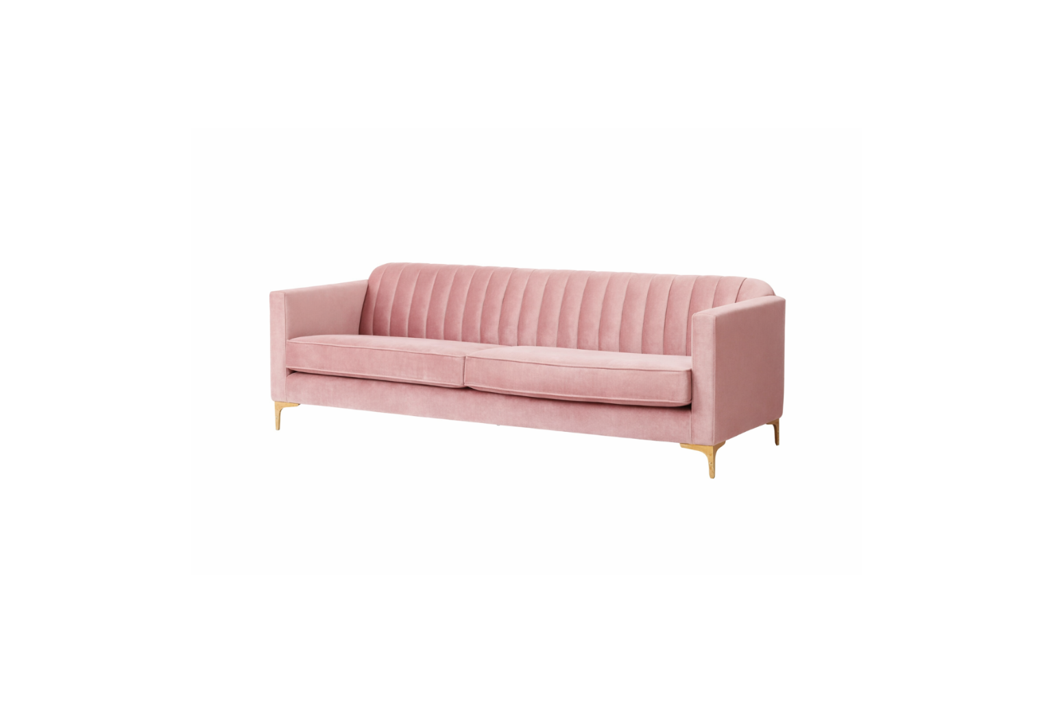 Render del sofá Mila de dos cuerpos en tapizado rosa palo, con respaldo acanalado vertical y patas de metal doradas - Tienda de Banquitos