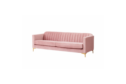 Render del sofá Mila de dos cuerpos en tapizado rosa palo, con respaldo acanalado vertical y patas de metal doradas - Tienda de Banquitos