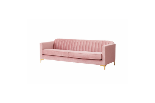 Render del sofá Mila de dos cuerpos en tapizado rosa palo, con respaldo acanalado vertical y patas de metal doradas - Tienda de Banquitos