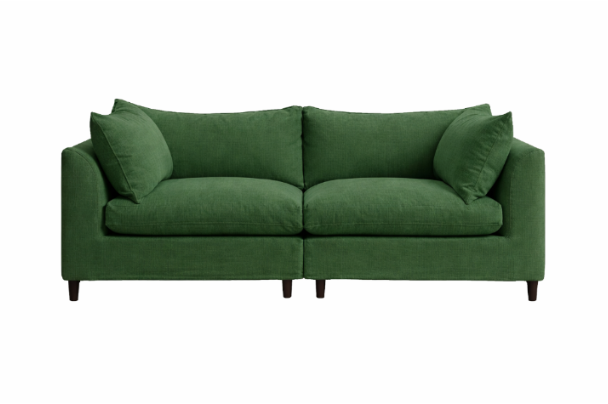 Sofá Orlando modular de dos cuerpos con funda de tussor verde y patas de madera - Tienda de Banquitos