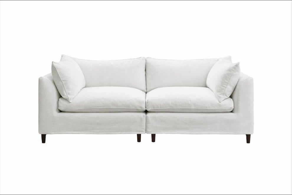 Sofá Orlando modular con funda de tussor blanca, dos módulos de líneas rectas y patas de madera - Tienda de Banquitos