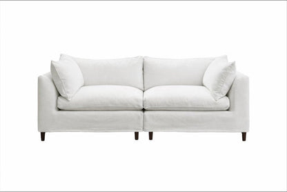 Sofá Orlando modular con funda de tussor blanca, dos módulos de líneas rectas y patas de madera - Tienda de Banquitos