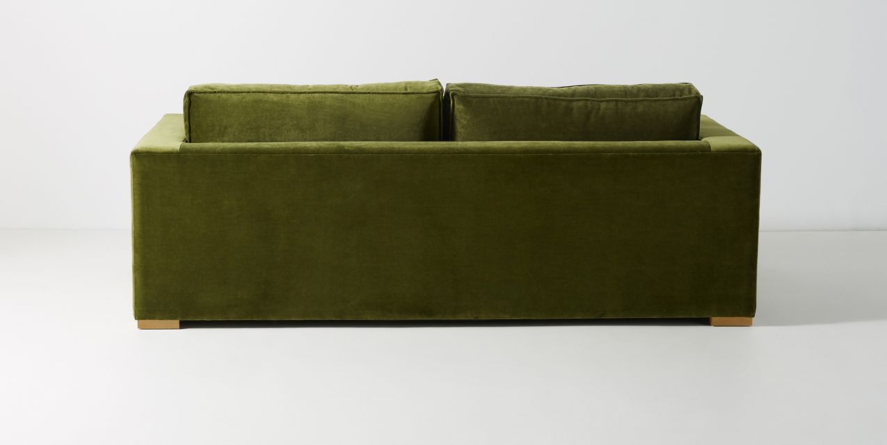 Sofá Richard 2 o 3 cuerpos tapizado en velvet verde oliva, vista posterior - Tienda de Banquitos