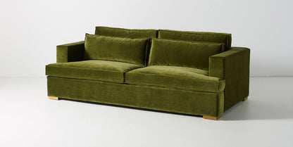Sofá Richard 2 o 3 cuerpos tapizado en velvet verde oliva, vista de tres cuartos - Tienda de Banquitos