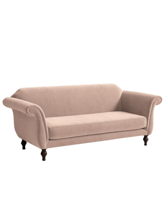 Sofá Rodhesia 2 o 3 cuerpos tapizado en velvet beige, apoyabrazos enrollados y patas torneadas - Tienda de Banquitos
