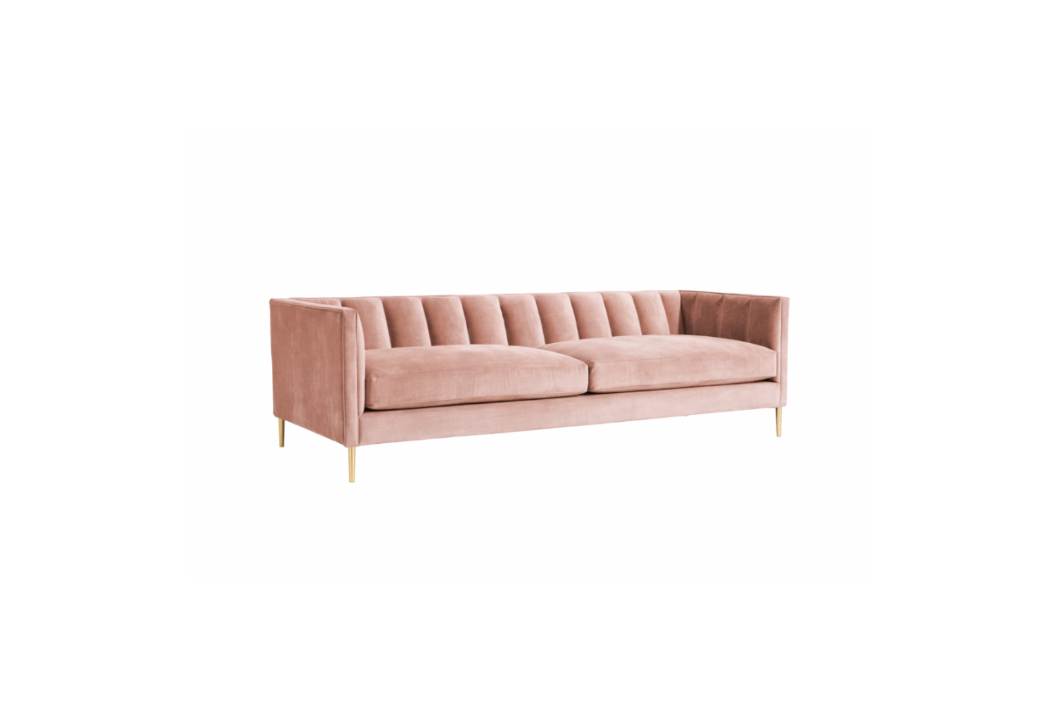 Sofá Rufina 2 o 3 cuerpos tapizado en velvet rosa, con canaletas verticales en el respaldo y patas de metal doradas - Tienda de Banquitos