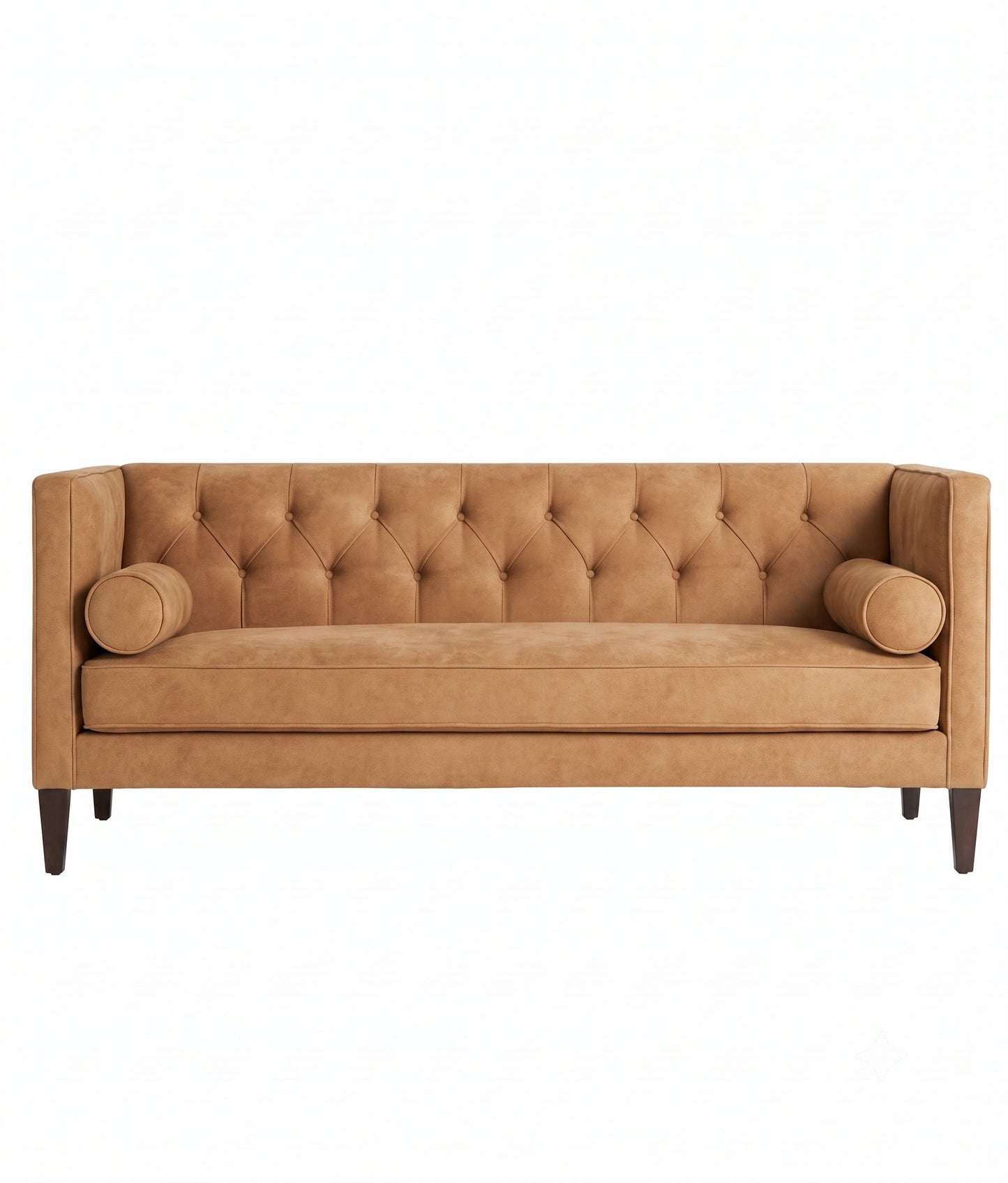 Sofá Valentino con capitoné vertical en el respaldo y almohadones cilíndricos, tapizado a medida - Tienda de Banquitos