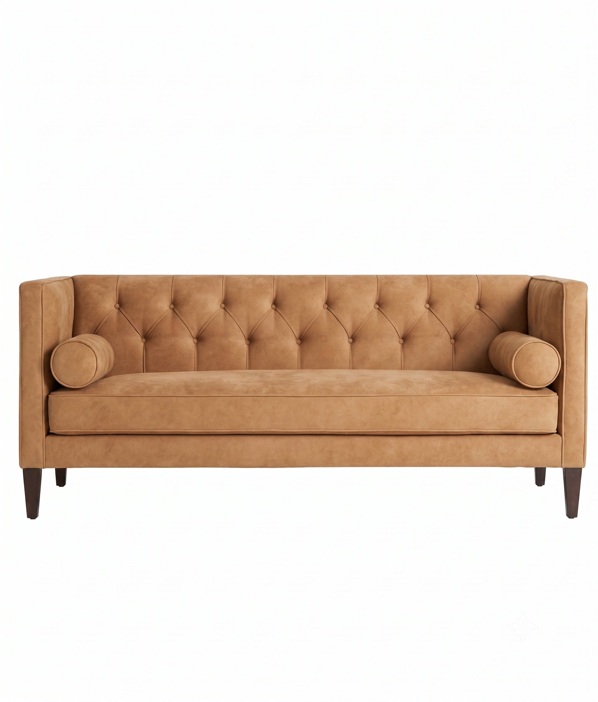 Sofá Valentino con capitoné vertical en el respaldo y almohadones cilíndricos, tapizado a medida - Tienda de Banquitos