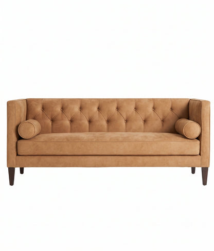 Sofá Valentino con capitoné vertical en el respaldo y almohadones cilíndricos, tapizado a medida - Tienda de Banquitos
