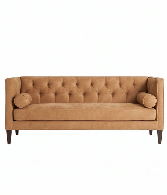 Sofá Valentino con capitoné vertical en el respaldo y almohadones cilíndricos, tapizado a medida - Tienda de Banquitos