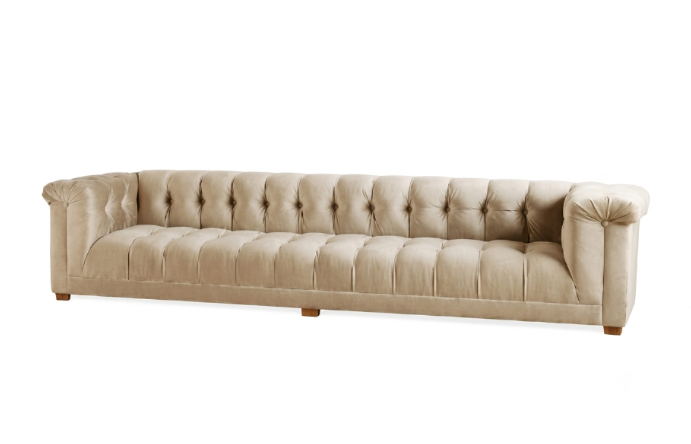 Sofá Velvet de 2 o 3 cuerpos en beige, con capitoné estilo Chesterfield, tapizado a medida - Tienda de Banquitos