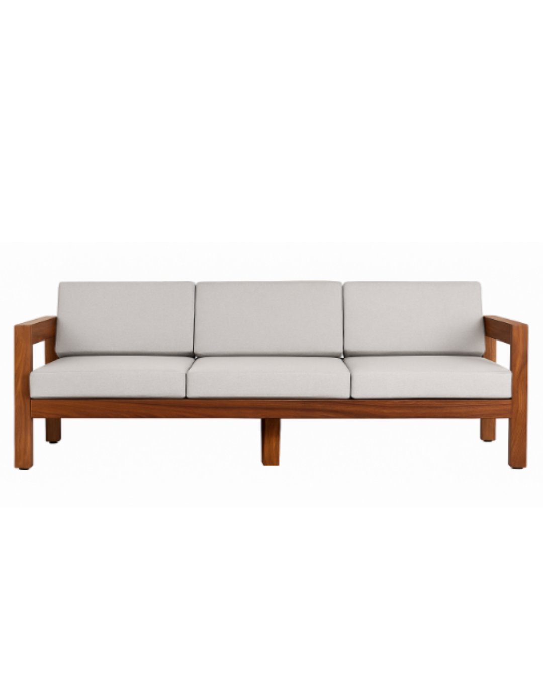 Sofá Verona de Exterior de tres cuerpos tapizado en crema, con estructura de madera tratada para exterior, foto de producto - Tienda de Banquitos