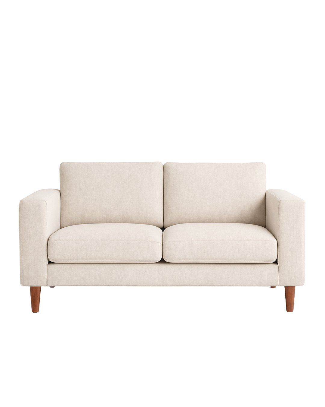 Sofá Viena tapizado en beige, con patas de madera, render de producto - Tienda de Banquitos