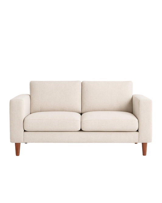 Sofá Viena tapizado en beige, con patas de madera, render de producto - Tienda de Banquitos