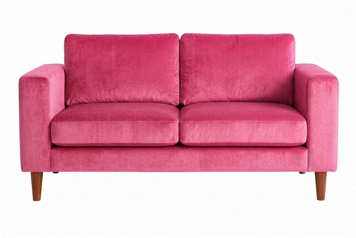 Sofá Viena en pana antimanchas color chicle, con almohadones sueltos y patas de madera, imagen ilustrativa - Tienda de Banquitos