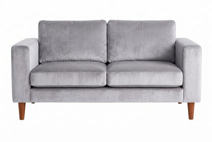 Sofá Viena en pana antimanchas color plata, con almohadones sueltos y patas de madera, imagen ilustrativa - Tienda de Banquitos