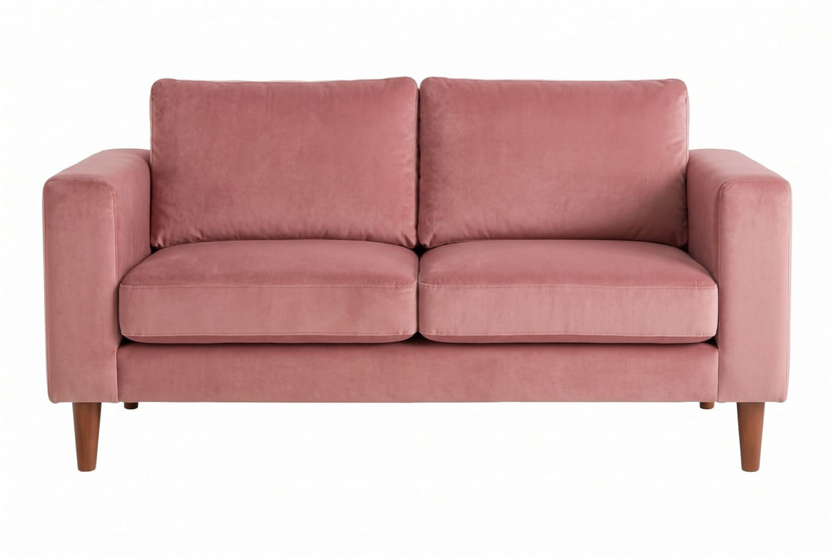Sofá Viena en pana antimanchas color rosa, con almohadones sueltos y patas de madera, imagen ilustrativa - Tienda de Banquitos
