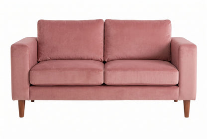 Sofá Viena en pana antimanchas color rosa, con almohadones sueltos y patas de madera, imagen ilustrativa - Tienda de Banquitos