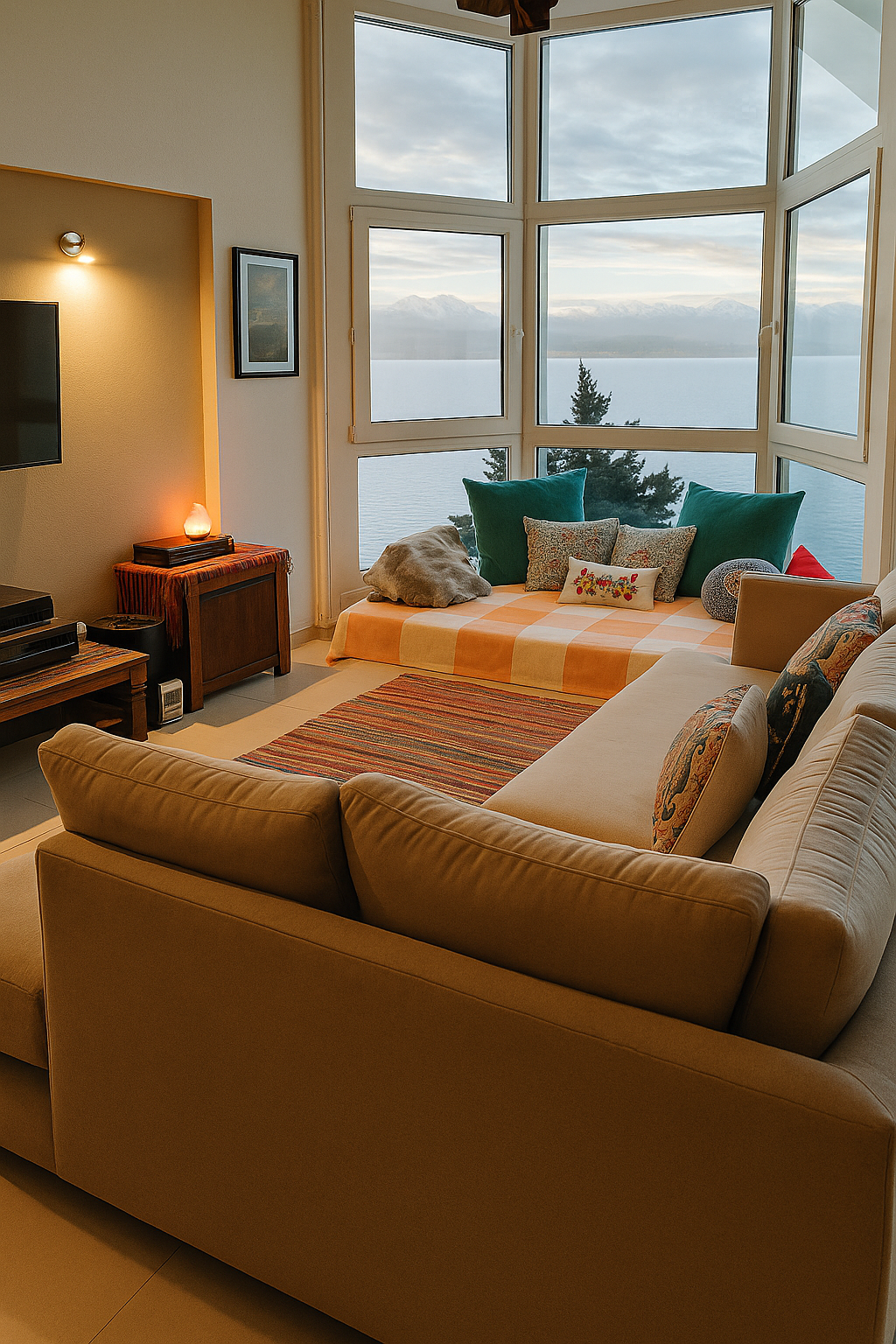 Living moderno con un sesquinero en L de tapizado beige, acompañado de almohadones estampados en tonos tierra y azules. El mueble está estratégicamente ubicado junto a ventanales de piso a techo que enmarcan una vista panorámica al lago y a las montañas nevadas, convirtiéndolo en el punto focal del ambiente por su comodidad y orientación hacia el paisaje.