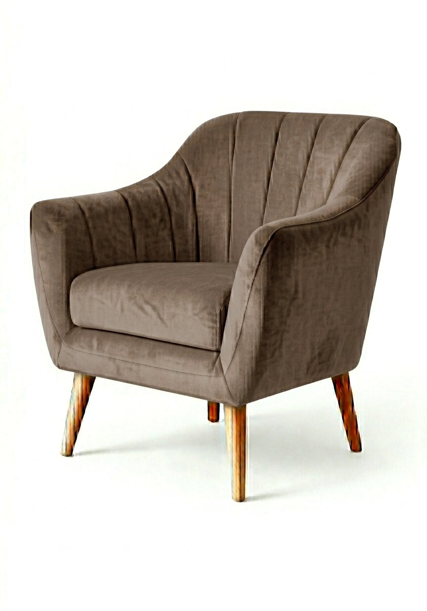 Sillón de un cuerpo Collin color Stone en pana antimanchas importada, diseño liviano de respaldo bajo y patas de madera — liviano y fácil de ubicar en cualquier ambiente. Hecho a medida por Tienda de Banquitos.
